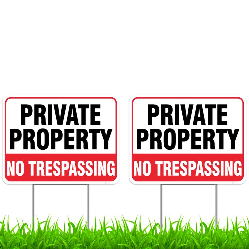 Venicor 2PC Private Property No Trespassing Sign with Metal Stakes, 17"x13" - Corrugated Plastic - No Trespass Keep Out Warning Security Signage for Home Outdoor Yard - Image 1